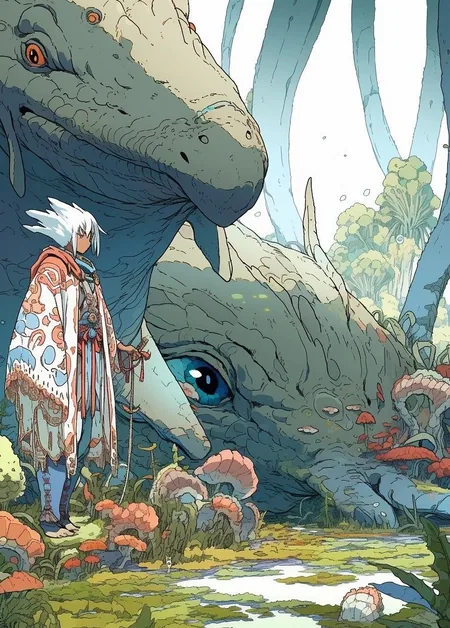 Ilustración: una viajera junto a dos criaturas gigantes dormidas en un bosque de setas
