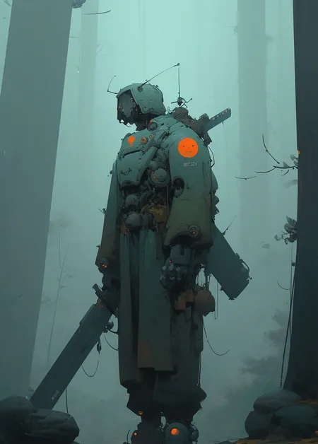 Ilustración: un autómata con espada en un bosque con niebla