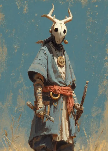 Ilustración: un guardián con máscara de ciervo y espada en un campo de hierba seca