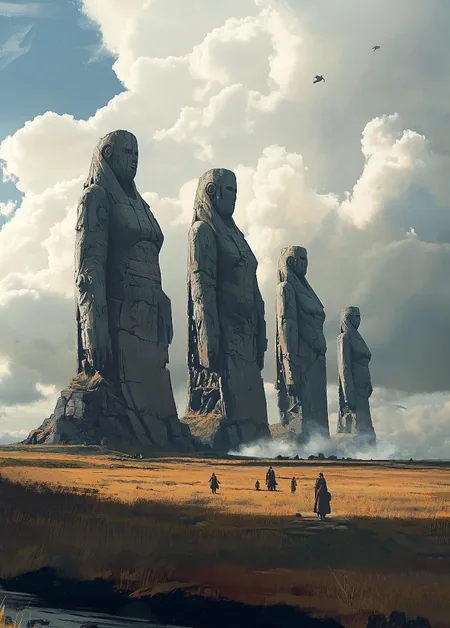 Ilustración: cuatro estatuas gigantes de piedra en una llanura, con viajeros a sus pies