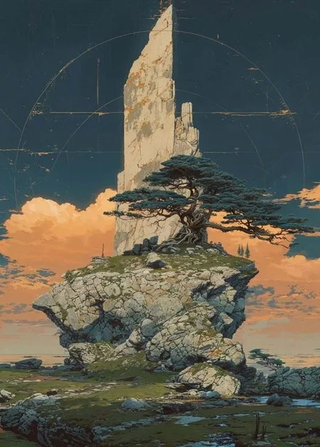 Ilustración: un peñasco con un árbol frente a una torre de piedra al atardecer