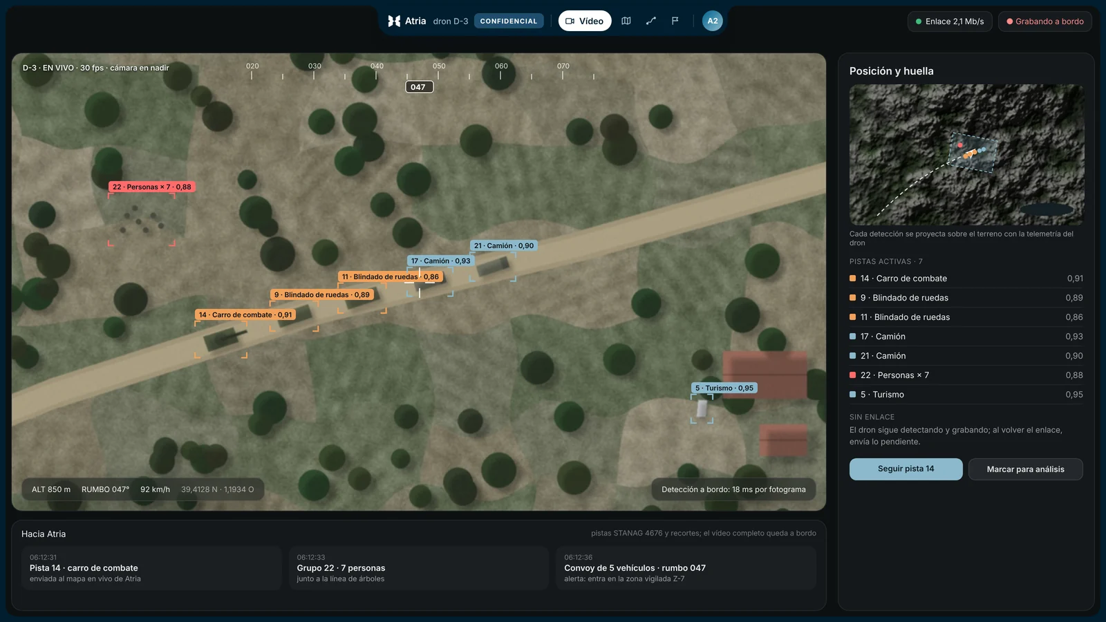 Vídeo de dron con carros, camiones y personas detectados a bordo y marcados sobre el terreno